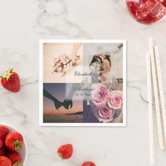 シンプルエレガントBride & Groomフォトコラージュ結婚ズ スタンダードカクテルナプキン (インサイチュ)