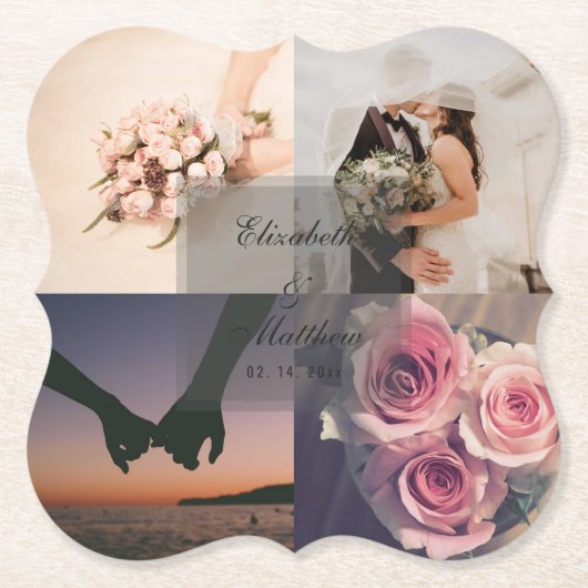 シンプルエレガントBride & Groomフォトコラージュ結婚ズ ペーパーコースター (正面)