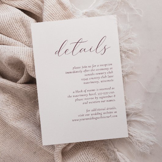 シンプルエレガントBurgundy Scriptの結婚詳細 エンクロージャーカード