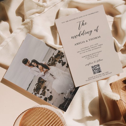シンプルエレガントCream Script写真QRコード結婚s 招待状