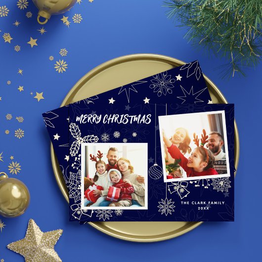 シンプルエレガントDark Blue 2フォトフレームファミリー シーズンカード
