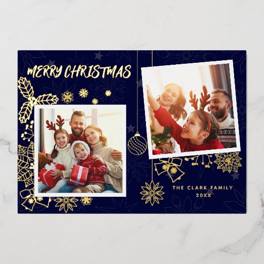 シンプルエレガントDark Blue 2フォトフレームファミリー 箔シーズンカード (正面)