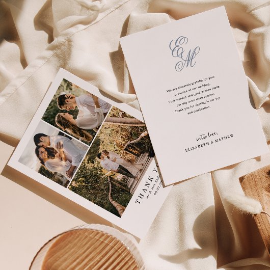 シンプルエレガントDusty Blue Monogram 結婚s サンキューカード