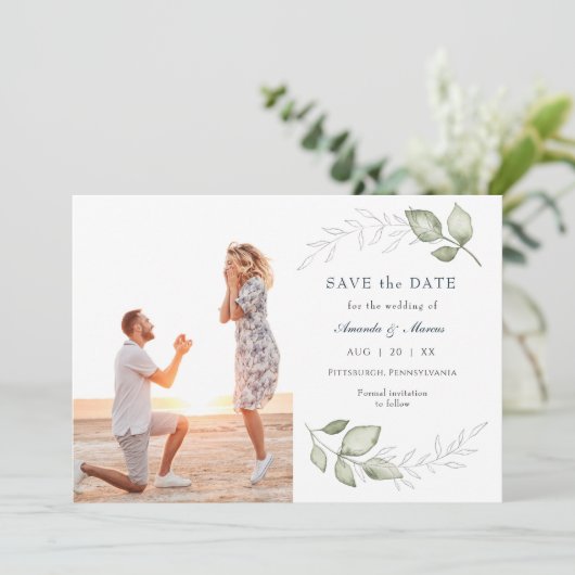 シンプルエレガントGreenery Photo Save the Date 招待状 (スタンド正面)