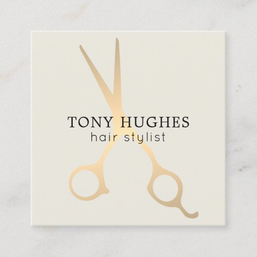 シンプルエレガントOld White金ゴールドはさみヘアスタイリスト スクエア名刺 (正面)