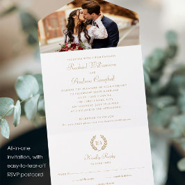 シンプルエレガントPhoto Monogram金ゴールドホワ結婚イト オールインワン招待状