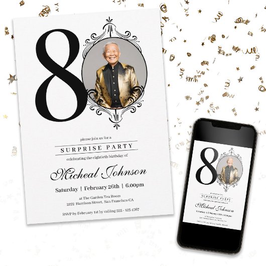 シンプルエレガントPhoto Surprise 80th Birthdayパーティー 招待状