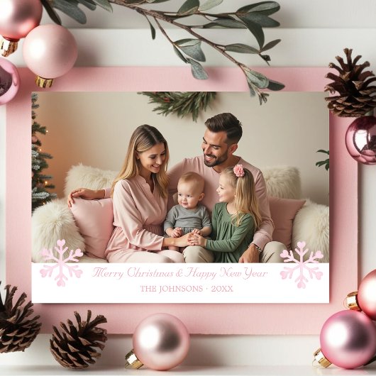 シンプルエレガントPink Snowflakes one photo Holiday シーズンカード