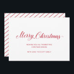 シンプルエレガントRed Script モダン Christmas シーズンカード<br><div class="desc">このミニマルなノンフォトフラットクリスマスカードで休日の応援を送信シンプルし、赤いスクリプトタイポグラフィと以下のメッセージで「メリークリスマス」のデザインとクリーンなクリスマスを特徴とすエレガントる。裏面はキャンディ赤と白ーケインピンストライプ付き。このカードとクリスマスカーモダンドには写真パーソナライズされたは必要ない。</div>