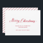 シンプルエレガントRed Script モダン Christmas シーズンカード<br><div class="desc">このミニマルなノンフォトフラットクリスマスカードで休日の応援を送信シンプルし、赤いスクリプトタイポグラフィと以下のメッセージで「メリークリスマス」のデザインとクリーンなクリスマスを特徴とすエレガントる。裏面はキャンディ赤と白ーケインピンストライプ付き。このカードとクリスマスカーモダンドには写真パーソナライズされたは必要ない。</div>