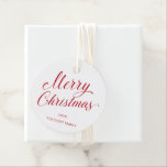 シンプルエレガントRed Script モダン Christmas フェイバータグ<br><div class="desc">白い背景の上にモダンタイポグラフィと赤い台本の中にシンプル「メリークリスマス」とデザインを入れた可愛いメッセージカードと休日の応援を加えエレガント。裏面は赤のマッチングシェード。これらのラベルは、あなたのクリスマスプレゼントやパーティーの好意に仕上げtouchを追加するのに最適である。</div>