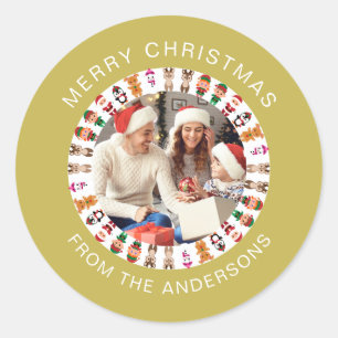 シンプルエレガントRound Christmas Photo Family name ラウンドシール