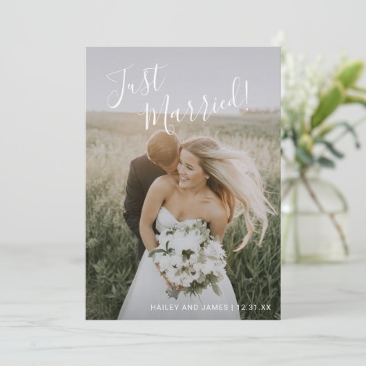 シンプルエレガントScriptたった今結婚しました写真結婚の 案内状 (スタンド正面)