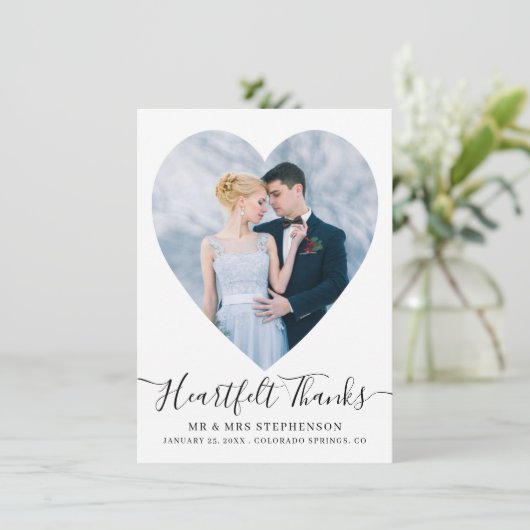 シンプルエレガントScriptハート2写真結婚の サンキューカード (スタンド正面)