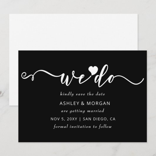 シンプルエレガントScript白黒ハート セーブザデート (正面/裏面)