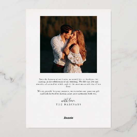 シンプルエレガントScript結婚の写真サンキューカード 箔招待状 (裏面)