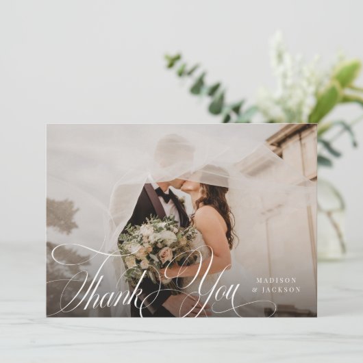 シンプルエレガントScript結婚の横向き写真 サンキューカード (スタンド正面)