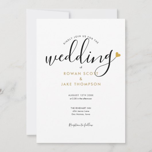 シンプルエレガントScript金ゴールドハート結婚写真 招待状 (正面)