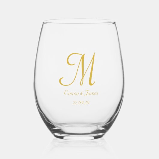 シンプルエレガントScript金ゴールドモノグラ結婚ム ステムなしワイングラス (正面)