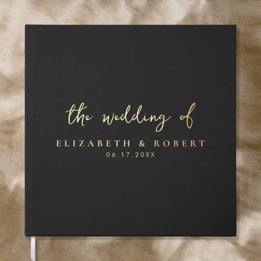 シンプルエレガントScript Black Gold Foil 結婚's ゲストブック