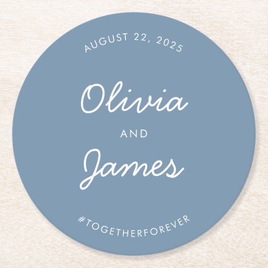 シンプルエレガントScript Dusty Blueの結婚ハッシュタグ ラウンドペーパーコースター (正面)