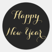 シンプルエレガントScript Happy New Year Black金ゴールド ラウンドシール (正面)
