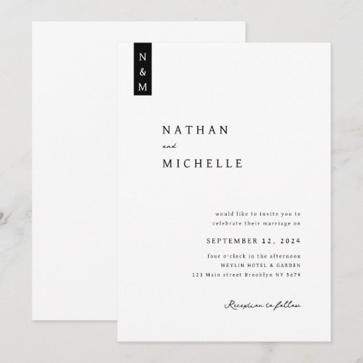 シンプルエレガントScript Minimalist Monogram結婚の 招待状 (正面/裏面)