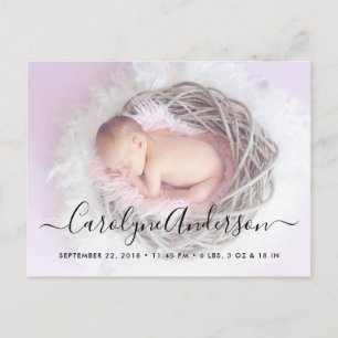 シンプルエレガントScript Photo Birth Announcement 案内ポストカード