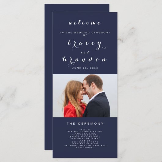 シンプルエレガントScript Photo Navy Blue 結婚's プログラム (正面/裏面)