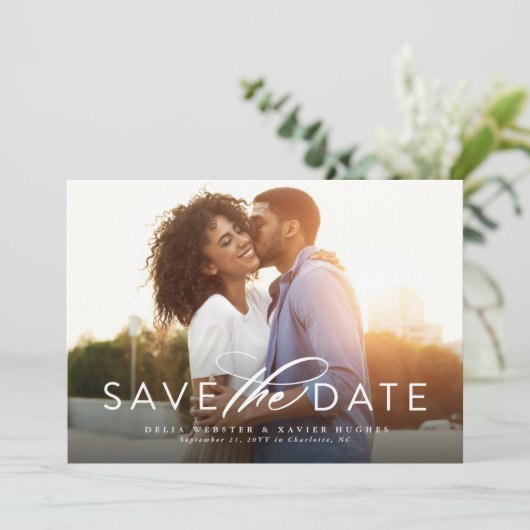 シンプルエレガントscript photo save date セーブザデート (スタンド正面)