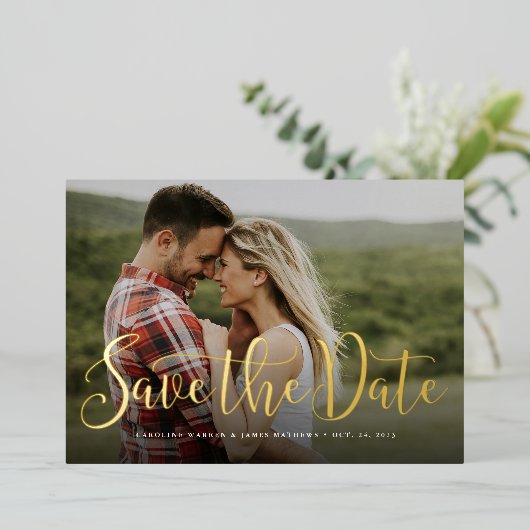 シンプルエレガントscript photo save date 箔招待状 (立ち正面)