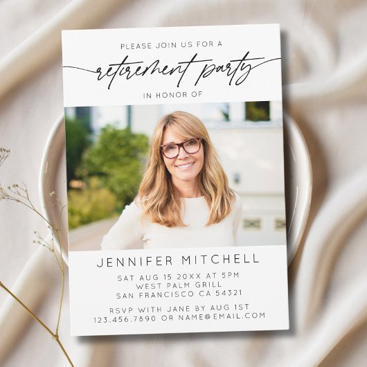 シンプルエレガントScript Retirementパーティー写真 招待状