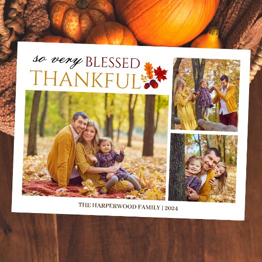 シンプルエレガントScript thanksgiving家族3写真 シーズンカード