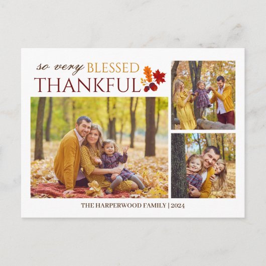 シンプルエレガントScript thanksgiving家族3写真 シーズンポストカード (正面)