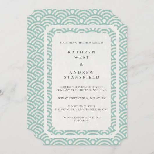 シンプルエレガントSeaooam Green +ホワイトビーチ結婚式 招待状 (正面/裏面)