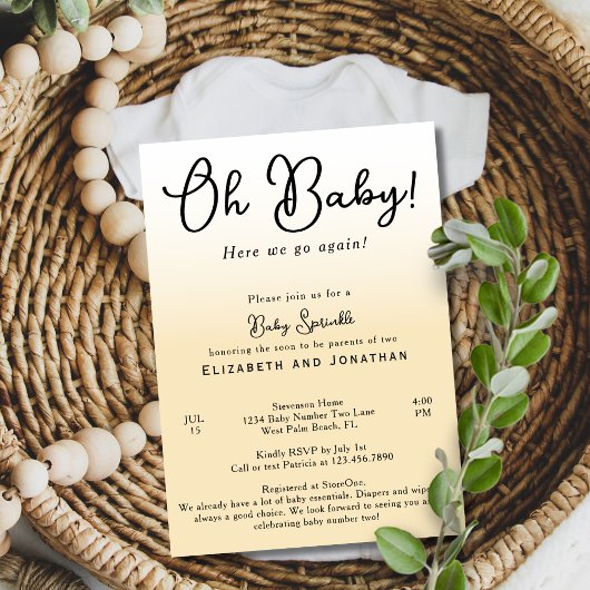 シンプルオおもしろいベビーイエロー2番目のベビー散布 招待状