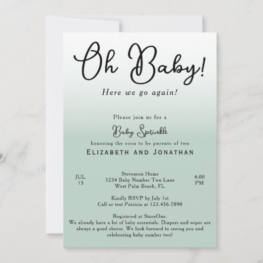 シンプルオおもしろいベビーセージ緑2番目のベビー散水 招待状 (正面)