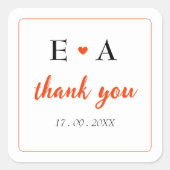 シンプルオレンジハート名イニシャルありがとう結婚 スクエアシール (正面)