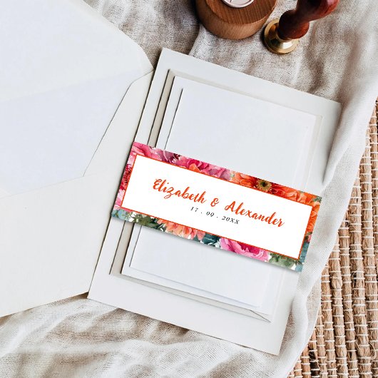 シンプルオレンジ&ピンクウォーターカラーフローラ結婚ズ 招待状ベリーバンド