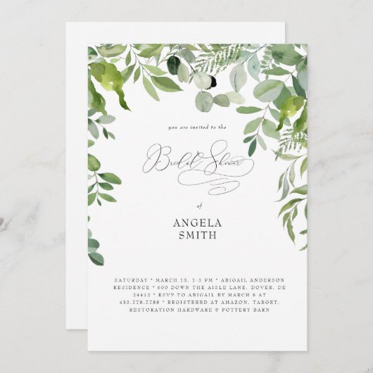 シンプルオーガニックな緑のブライダルシャワー 招待状 (正面/裏面)