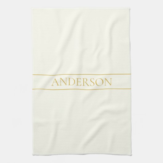 シンプルカスタマイズエレガント可能文字 | 金ゴールドオフ白 キッチンタオル (縦)