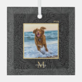 シンプルカスタムエレガントペット名モノグラムフォト ガラスオーナメント (正面)