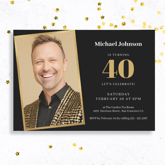 シンプルカスタムパーティーPhoto Black金ゴールド40歳 招待状