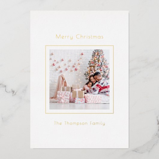 シンプルカスタムフォトクリスマスラグリー実在 箔シーズンカード (正面)