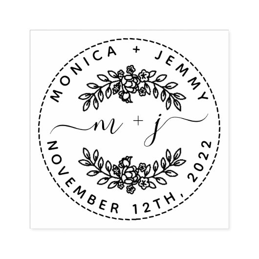 シンプルカスタム葉イニシャルScript Round結婚's ラバースタンプ (インプリント)