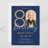 シンプルカスタム金ゴールドネイビー80誕生日 招待状 (正面)