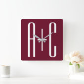 シンプルカップルイニシャル|ホワイト&バーガンディ スクエア壁時計 (ホーム)