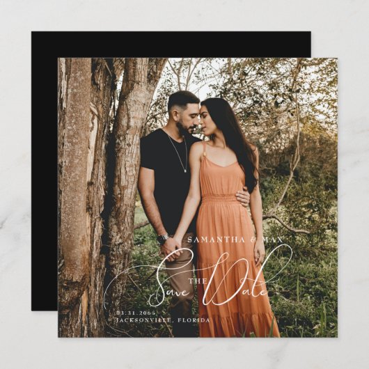 シンプルカップル写真エレガントスクエア日付を保存 セーブザデート (正面/裏面)