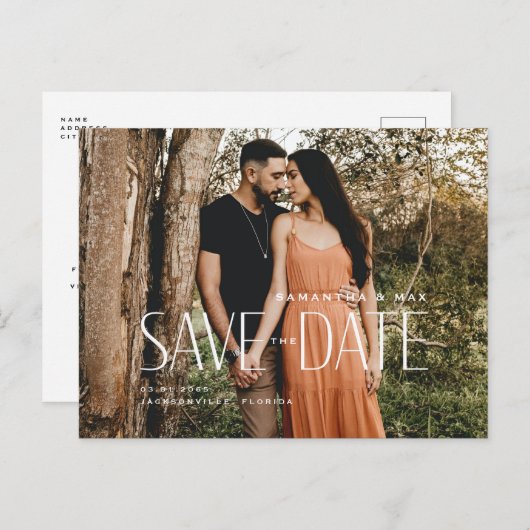 シンプルカップル写真コラージュ日付の保存 案内ポストカード (正面/裏面)