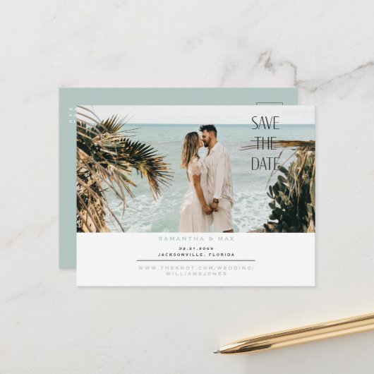 シンプルカップル写真Seaooam日付ポストカードを保存 ポストカード (正面/裏面インサイチュ)